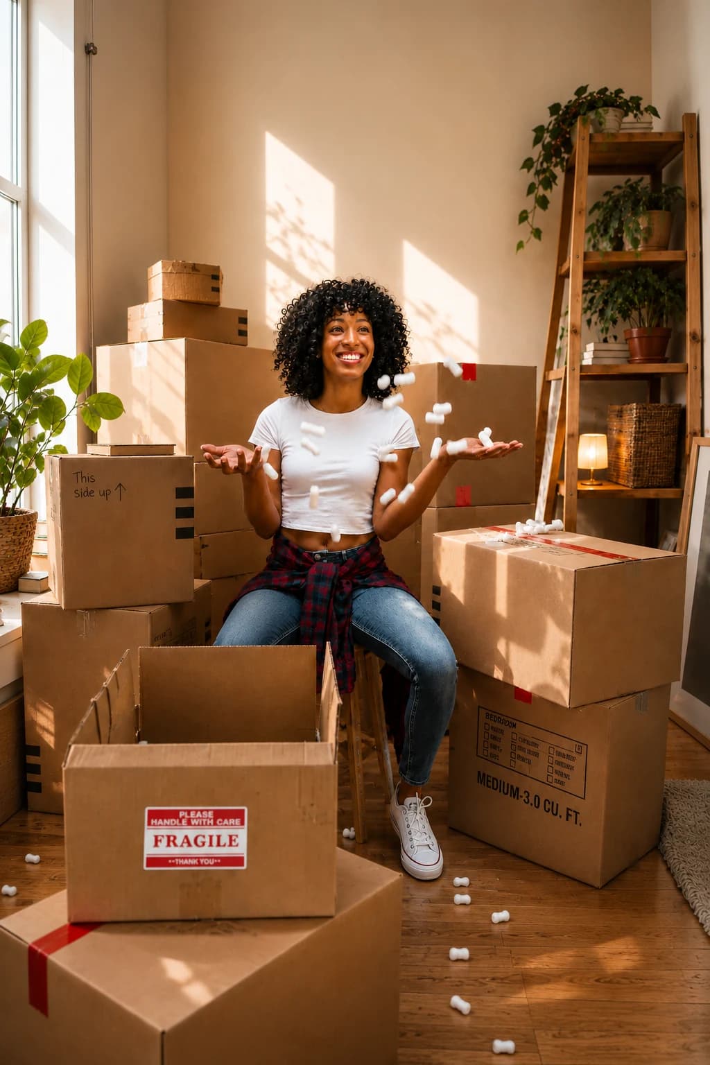 Happy customer surrounded by shipping boxes ready to send to Ghana